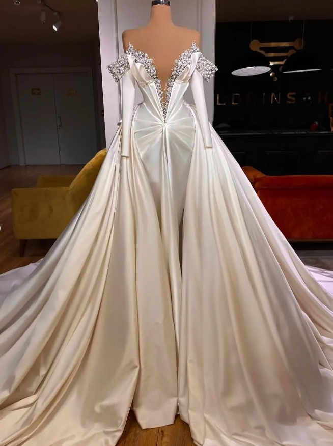 Gorgeous A Line V Neck Long Sleeve Pearl Satin Long Sweep Wedding Dress DP1786
