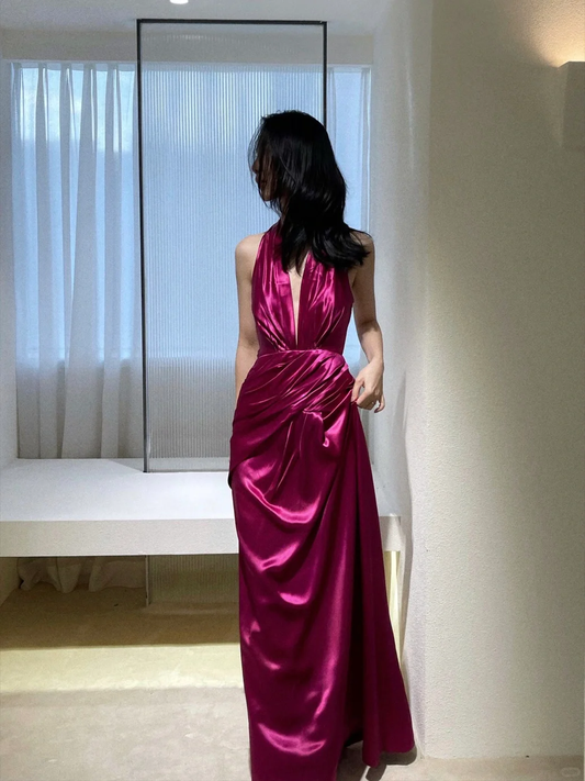 Sexy A Line Halter Pink Satin Open Back Long Party Dress Prom Dress DP2537