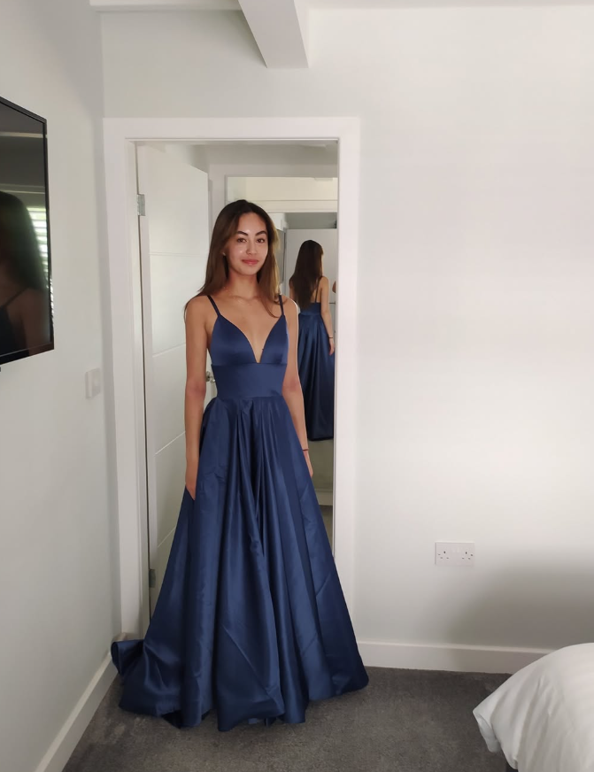 Sexy A Line Spaghetti Strap Navy Blue Satin Prom Dress Evening Dress Date Dress DP3465