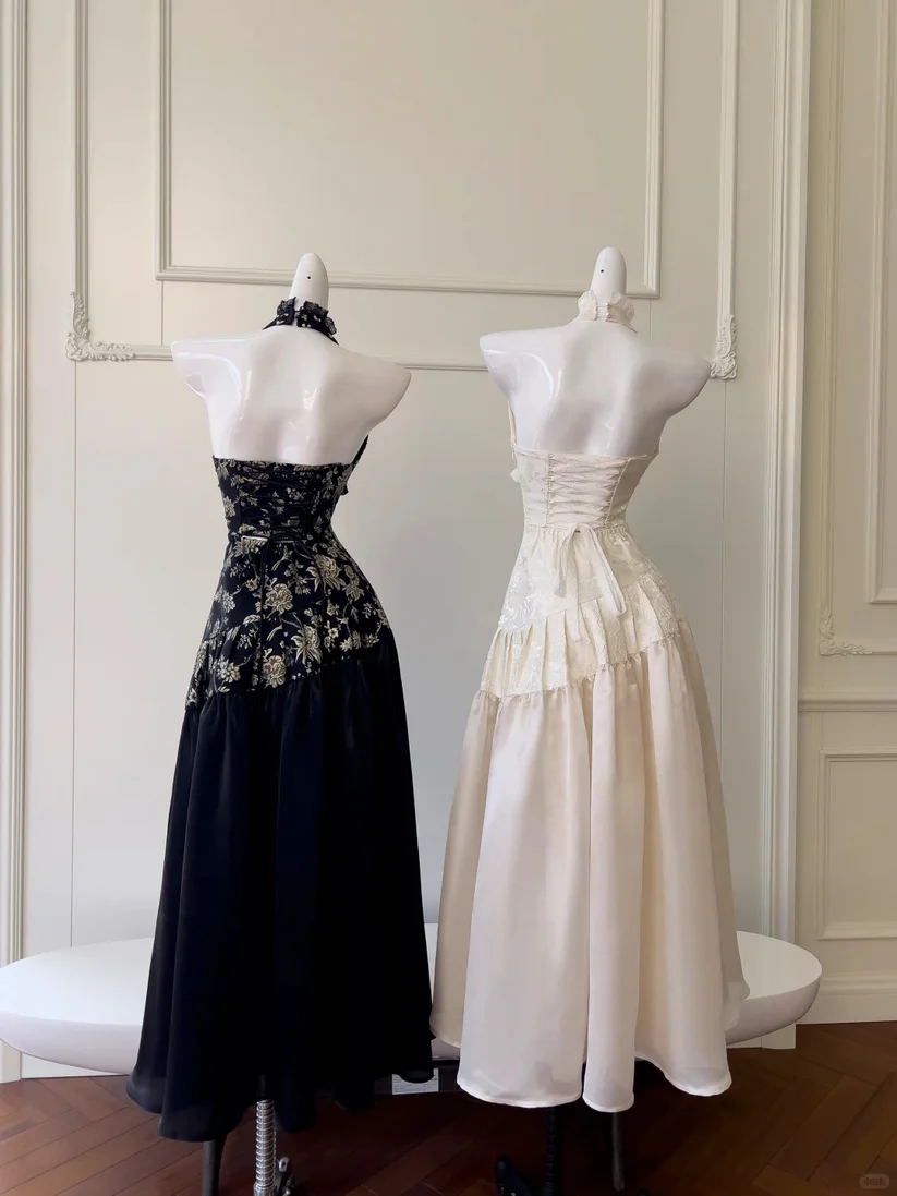 Vintage A Line V Neck Black Print Floral Satin Long Prom Dress Evening Dress DP4740