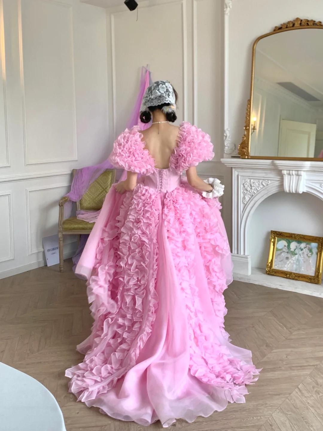 Pink Ball Gown Puff Flower Chiffon Long Party Dress Birthday Dress with Slit DP2502