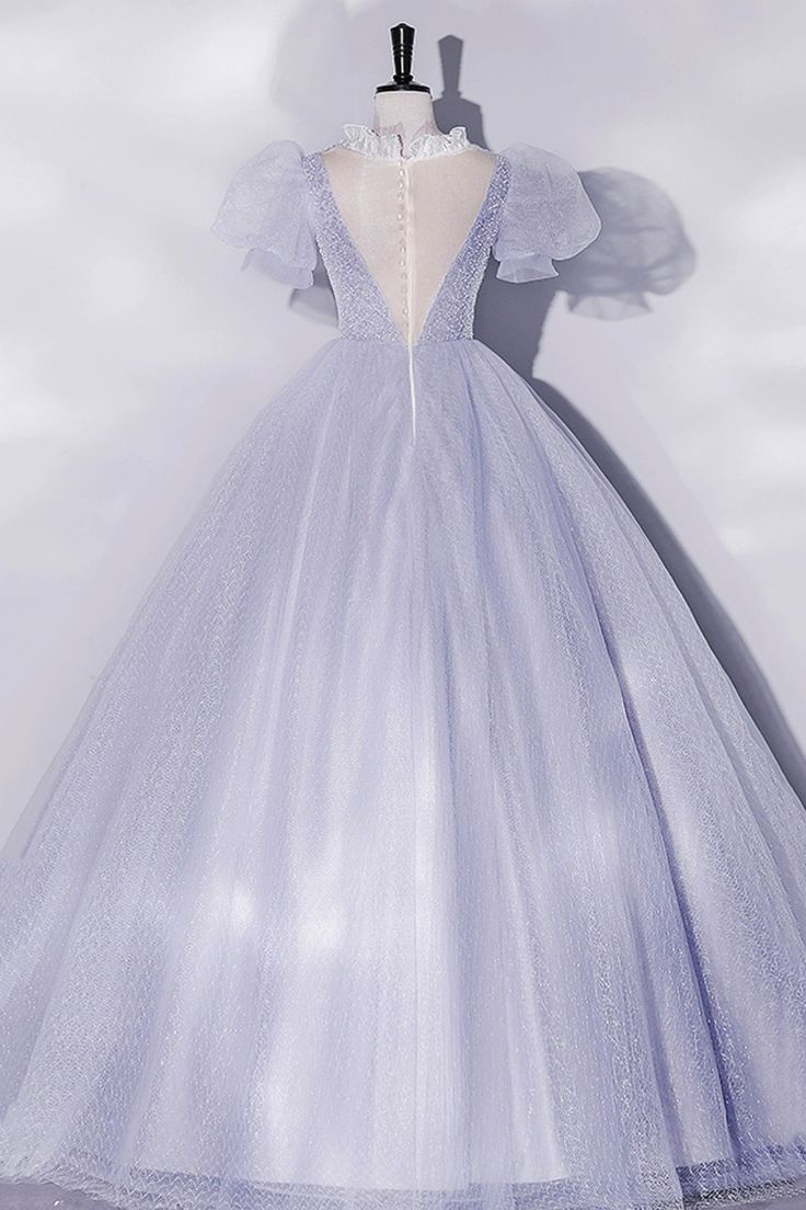 Light Purple Tulle Sequins Prom Dress Short Sleeves Puffy Floor-Length Evening Dress Quinceanera Dress DP207