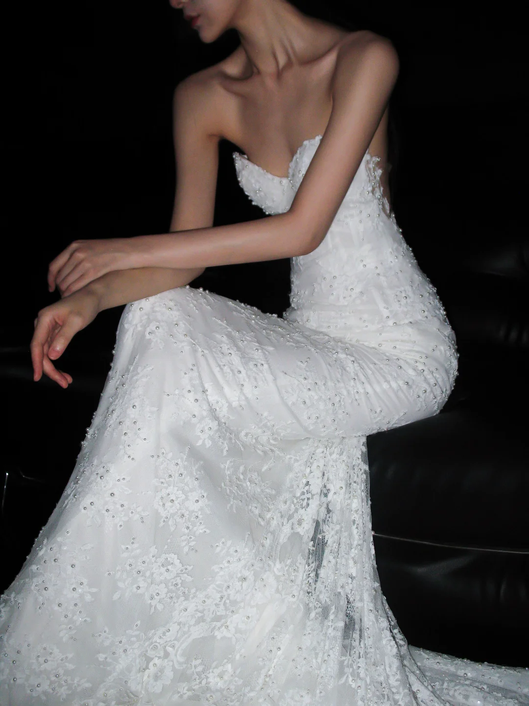 White Mermaid Sweetheart Neck Lace Long Sweep Wedding Dress DP5790