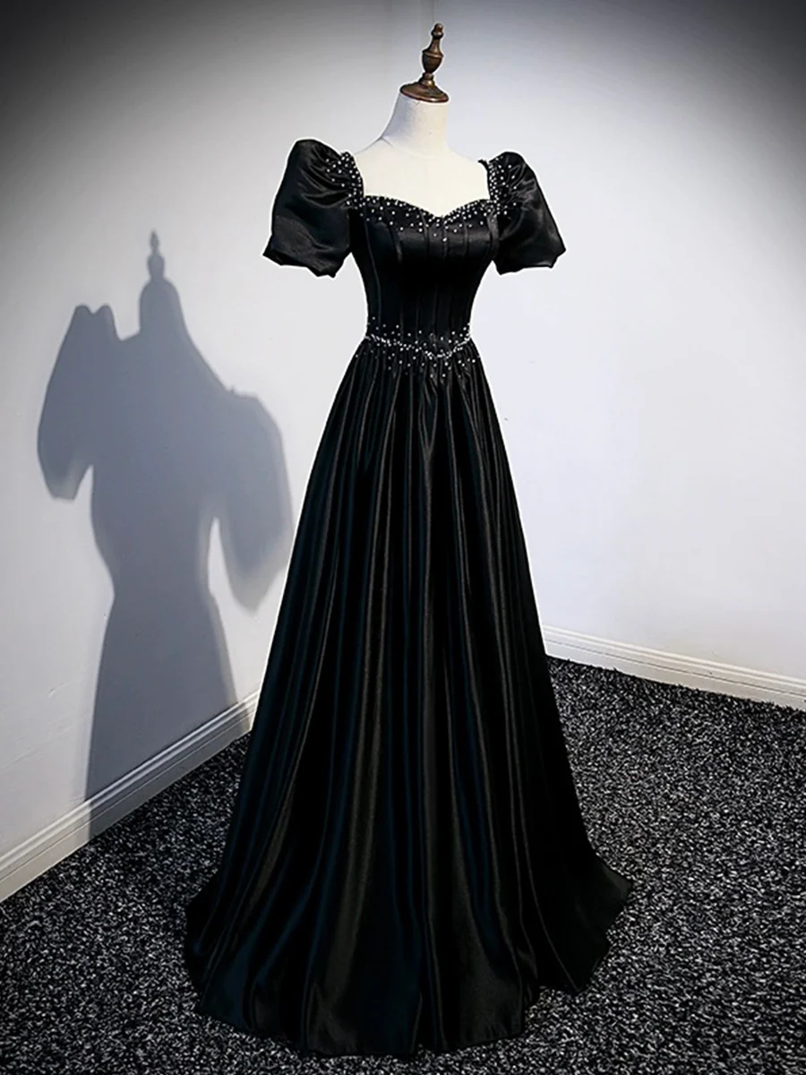 Black Satin Beaded Prom Dress A-Line Evening Dress DP258