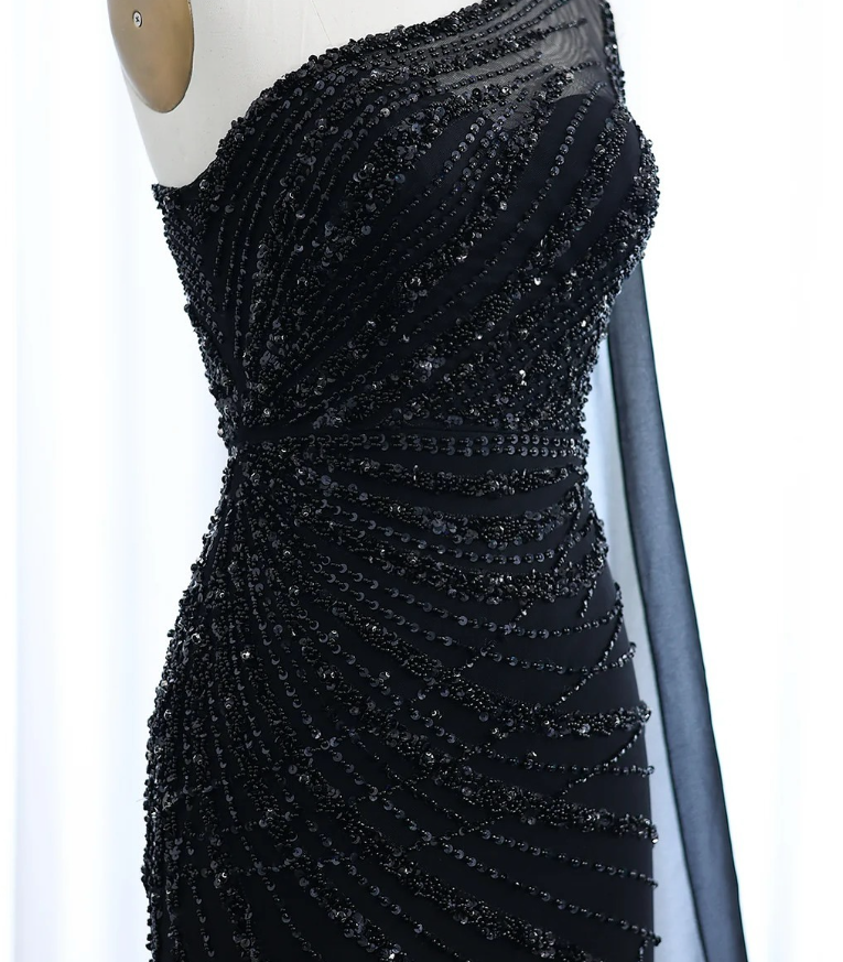 Luxurious Sheath One Shoulder Beaded Feather Long Prom Dress Evening Dress DP1494