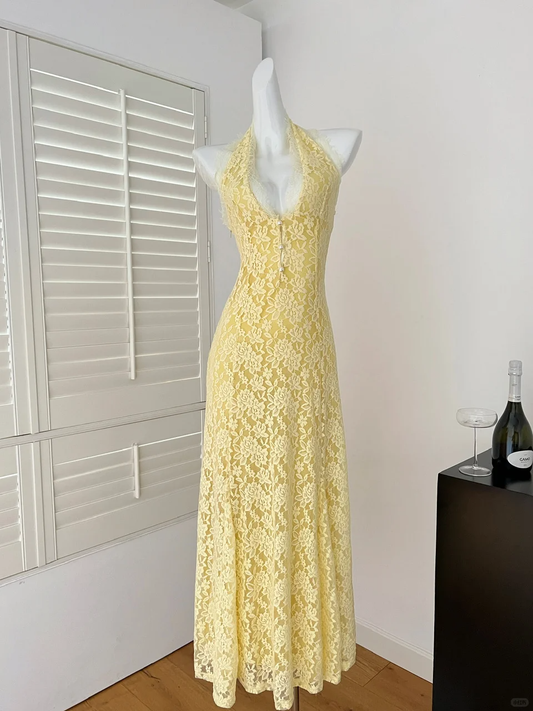 Yellow A Line Halter Lace Long Open Back Prom Dress Evening Dress DP2570