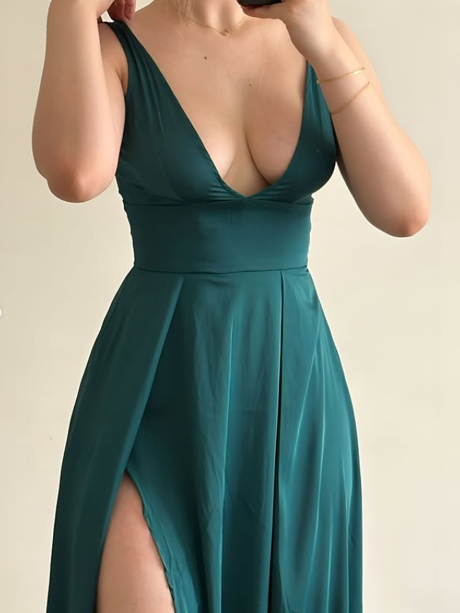 Simple Hunter Green A Line V Neck Satin Prom Dress Evening Dress with Slit DP6145
