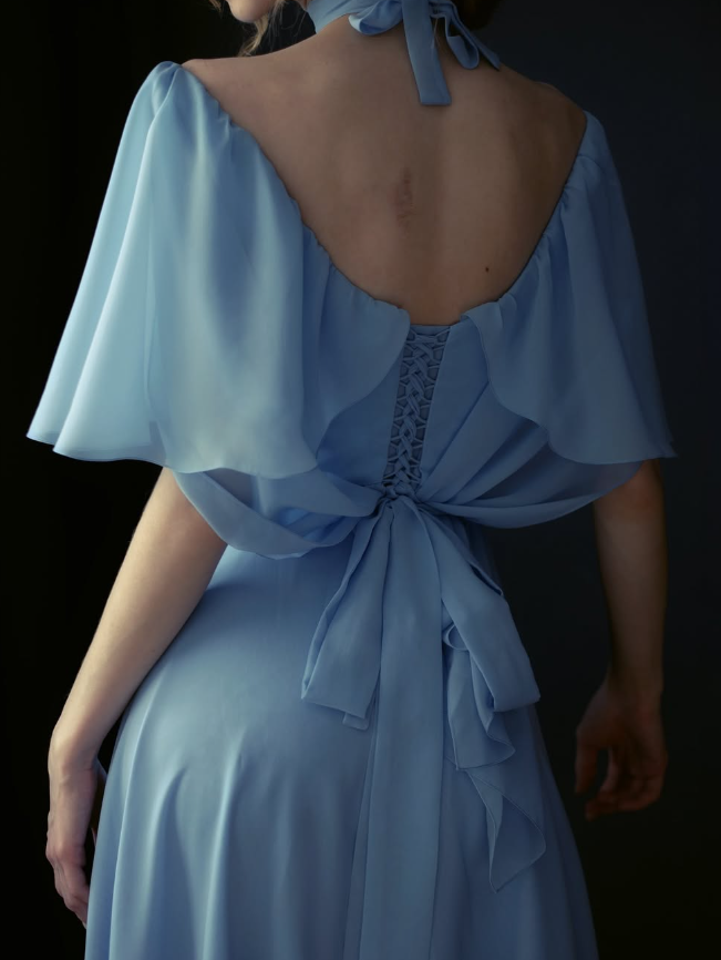 Flowy Chambray Blue A Line Long Sleeve Prom Dress Evening Dress Formal Dress DP3153