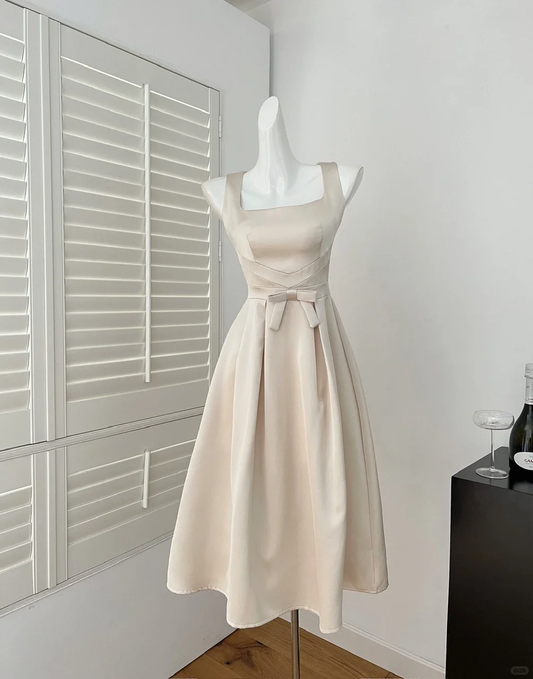 Apricot A Line Straps Bow Satin Tea Length Homecoming Dress Birthday Dress DP2610