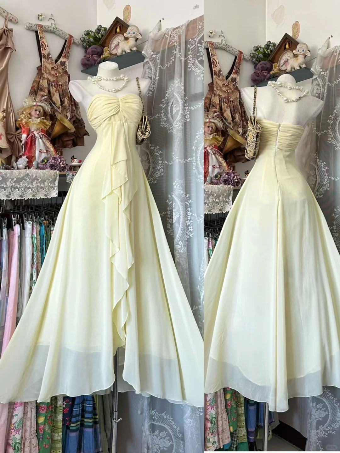 Vintage Light Yellow A Line Sweetheart Neck Ruffle Chiffon Prom Dress Evening Dress DP5247