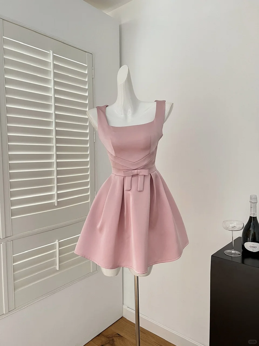 Pink A Line Straps Bow Satin Mini Homecoming Dress Birthday Dress DP2609