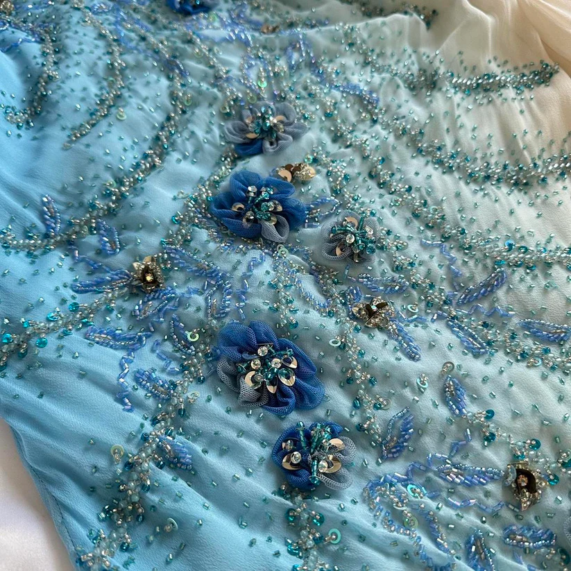 Exquisite Retro Blue Ombre Beaded Flower Chiffon Long Party Dress Date Dress DP2933