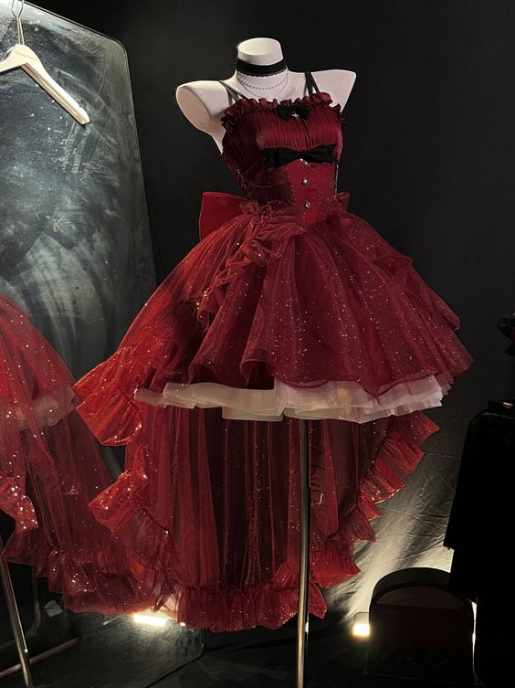 Vintage Red Tulle Hi-Low Ruffles Prom Dress Shiny Party Dress DP476