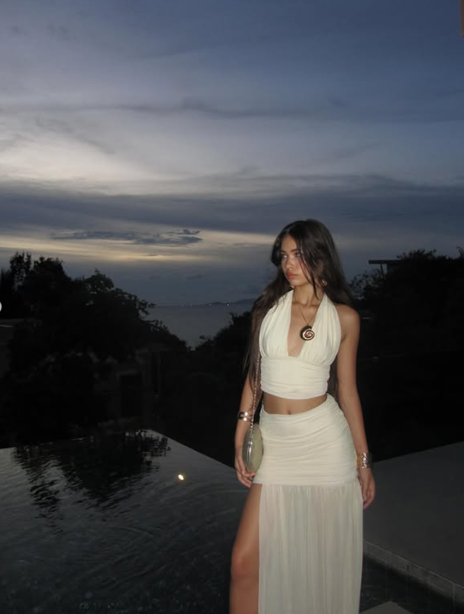 Ivory Two Piece Halter Chiffon Prom Dress Vacation Dress with Slit DP3984