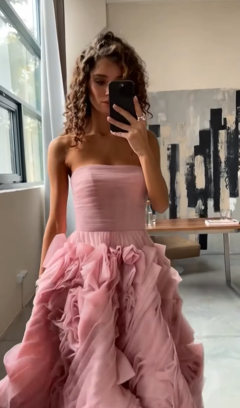 Classic Pink A Line Strapless Pleated Floral Tulle 16th Birthday Dress Prom Dress Formal Dress DP3337