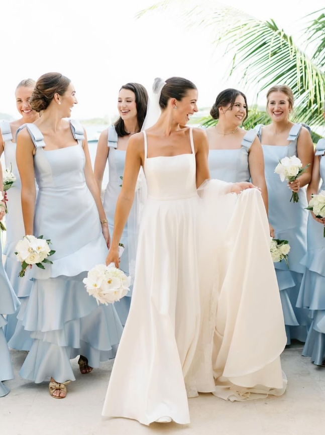 Baby Blue Mermaid Straps Tiered Satin Prom Dress Bridesmaid Dress DP2168