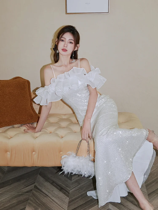 Shiny Mermaid Spaghetti Strap Ruffle Sequin Prom Dress Party Dress DP2514