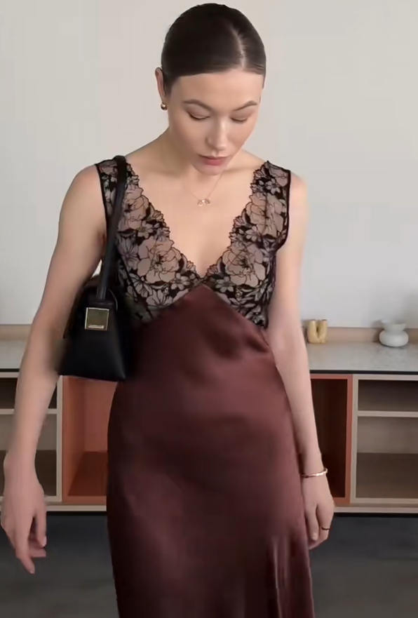 Brown Sheath V Neck Black Lace Satin Prom Dress Date Dress DP4797