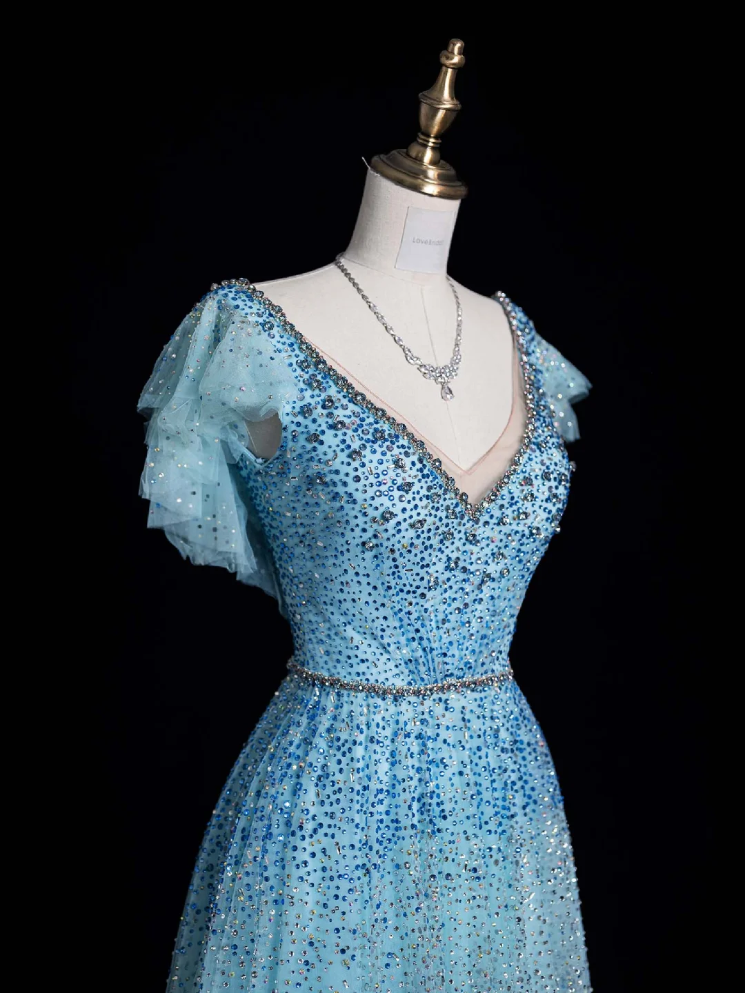 Gorgeous A Line V Neck Tiered Sequin Blue Tulle Prom Dress Graduation Prom Dress DP2015