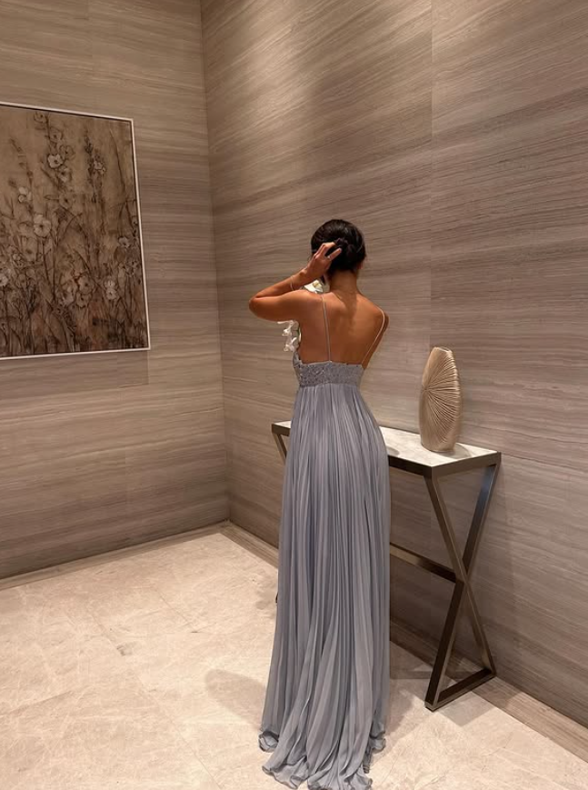 Blue Grey A Line Spaghetti Strap Sequin Beaded Pleated Chiffon Prom Dress 18th Birthday Dress DP3782