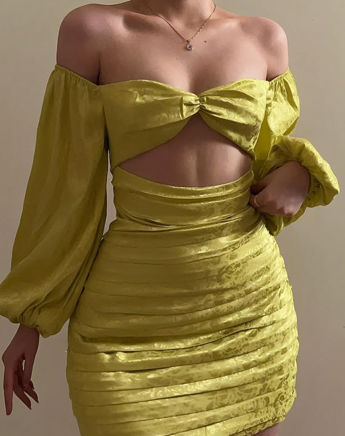 Fresh Green Print Sheath Long Sleeve Satin Short Homecoming Dress Mini Dress DP6473