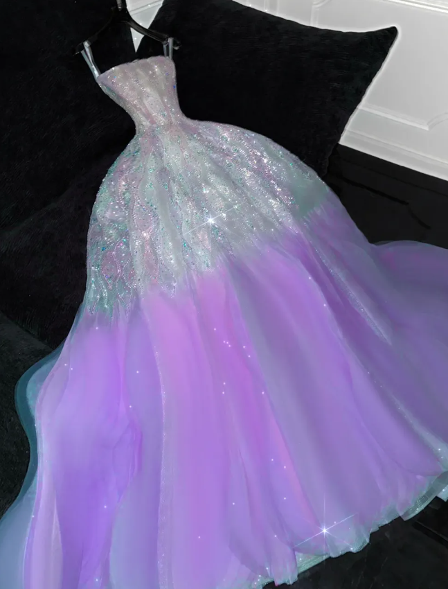 Dreamy Purple Ombre A Line Strapless Beaded Tulle Prom Dress Birthday Dress Party Dress DP3088