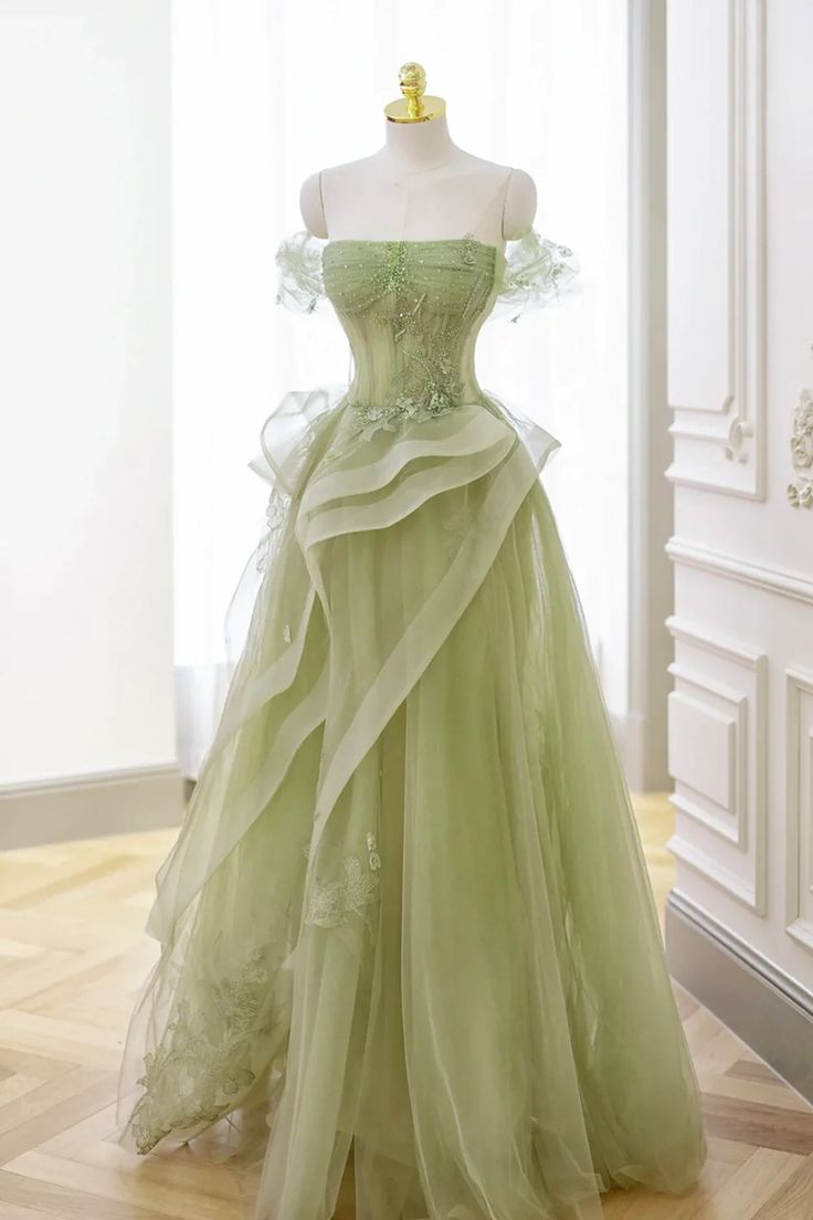 Light Green Tulle Appliques Beaded Long Prom Dress Formal Evening Dress DP017