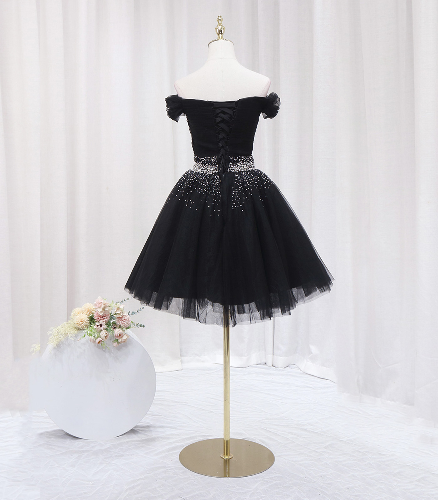 Black Off The Shoulder Tulle Beaded Short Prom Dress Homecoming Dress DP357