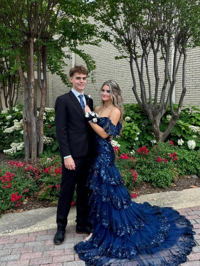 Navy Blue A Line Strap Exquisite Sequin Layered Tulle Prom Dress Evening Dress Date Dress DP3468