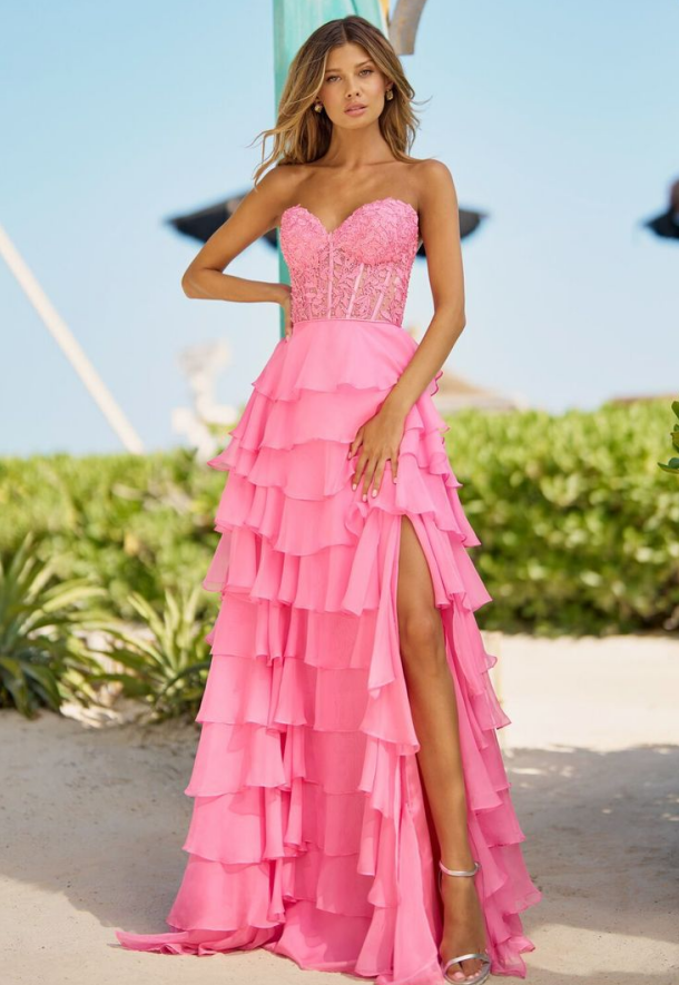 Cute A Line Sweetheart Neck Tiered Pink Lace Chiffon Prom Dress Evening Dress with Slit DP2171