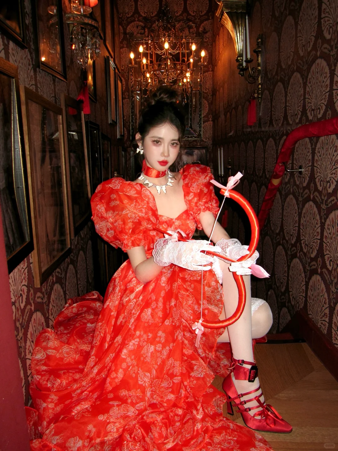 Red Ball Gown Puff Print Floral Ruffle Chiffon Long Party Dress Birthday Dress with Slit DP2523