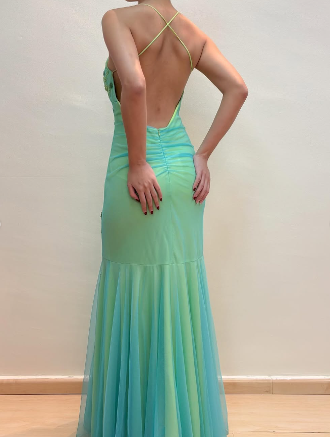 Vintage Mermaid Spaghetti Strap Beaded Tulle Satin Long Prom Dress Evening Dress DP1615