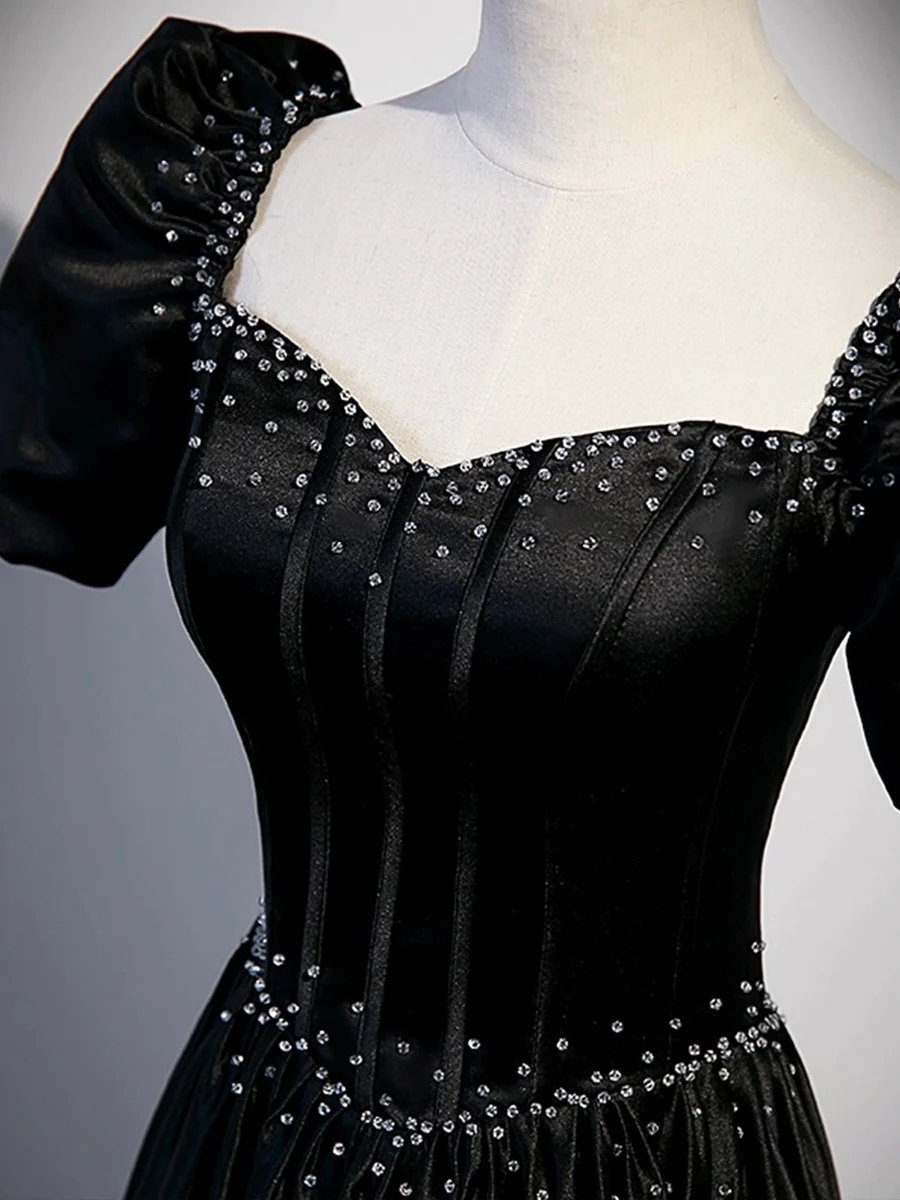 Black Satin Beaded Prom Dress A-Line Evening Dress DP258