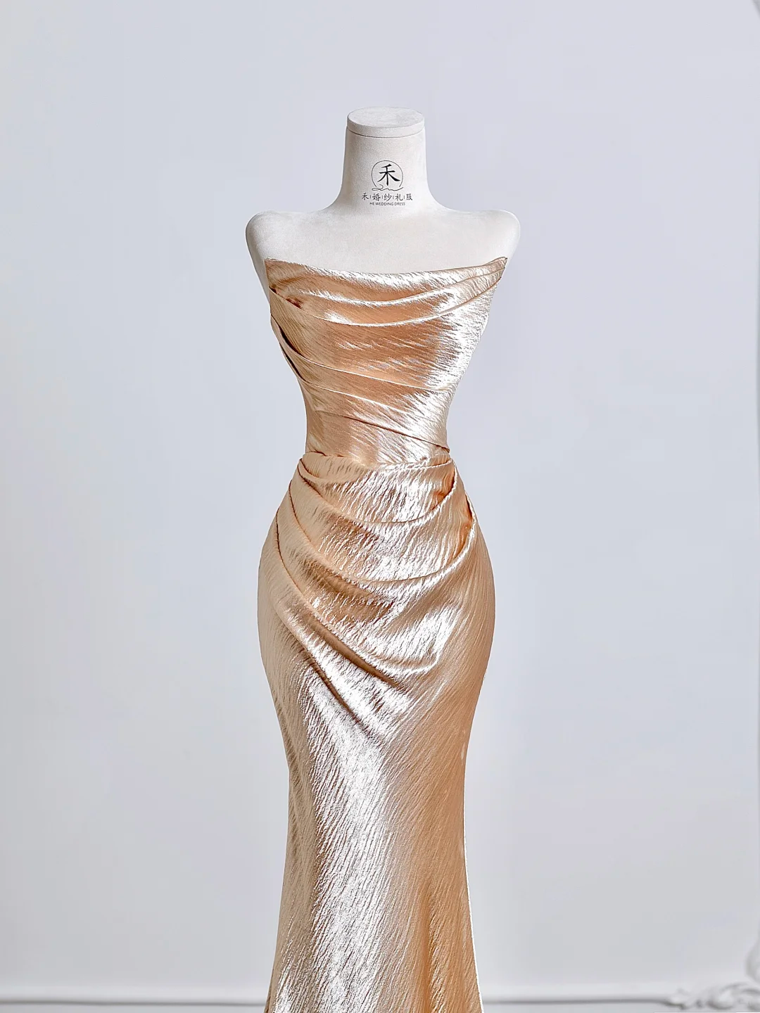 Classy Mermaid Strapless Pleated Golden Satin Long Prom Dresses DP4182