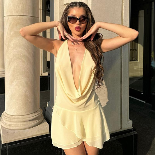 Yellow V Neck Open Back Chiffon Short Homecoming Dress Party Dress DP1249