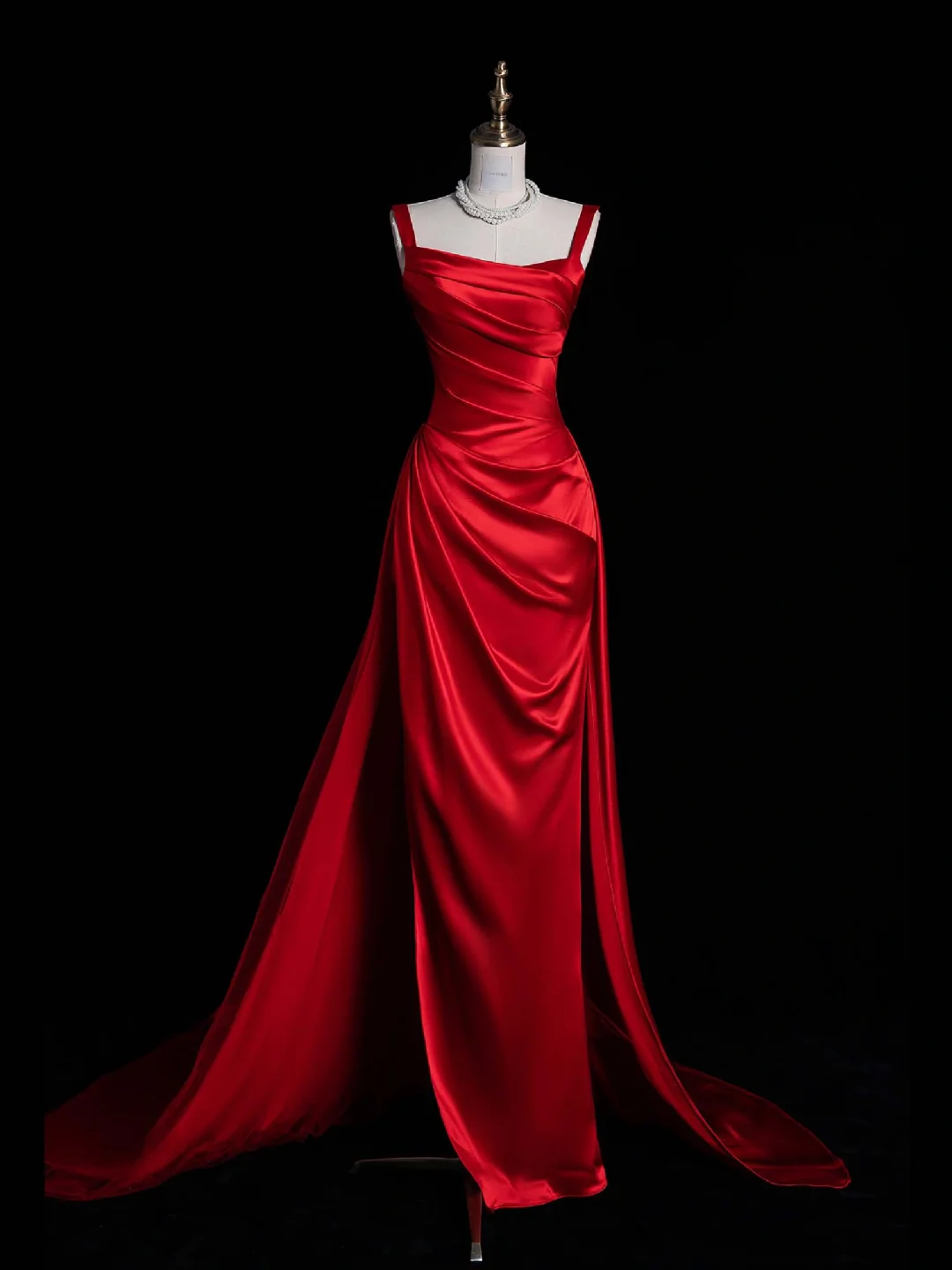 Elegant A Line Strap Red Satin Long Sweep Prom Dress Graduation Prom Dress with Slit DP2210