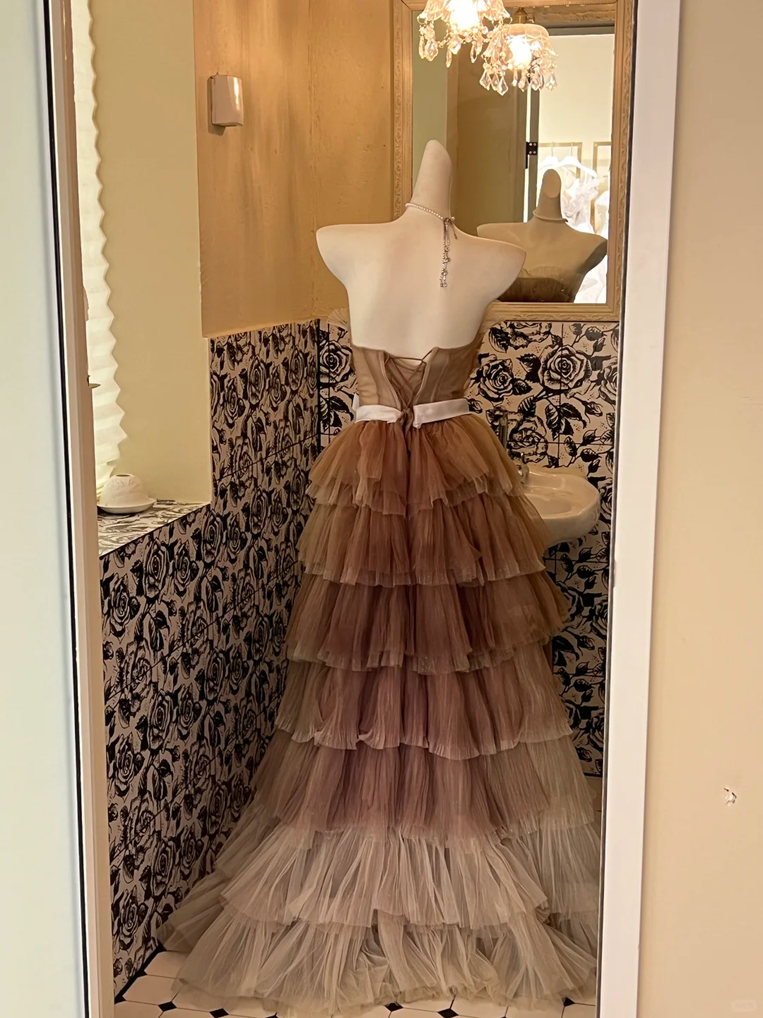 Unique Brown Grey Ombre A Line Strapless Layered Tulle Long Prom Dress Formal Dress DP3328