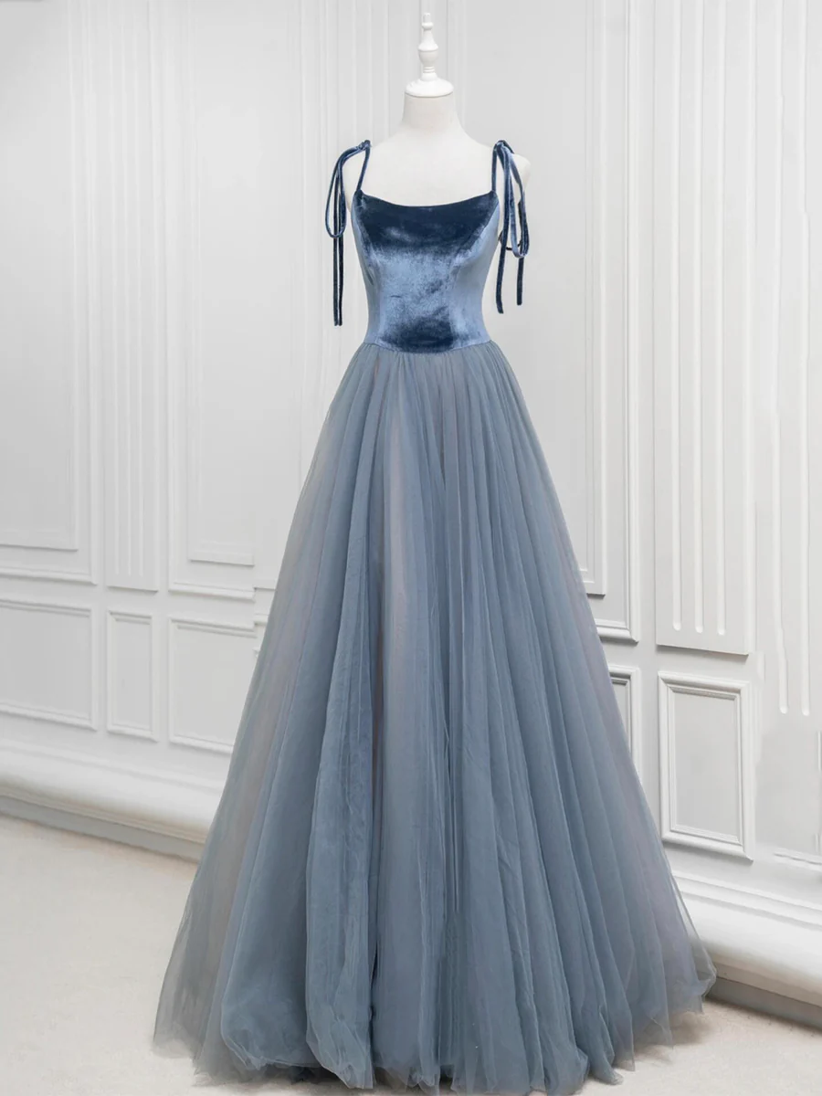 Elegant Velvet Tulle Long Prom Dress Gray Blue Spaghetti Strap Evening Party Dress DP365