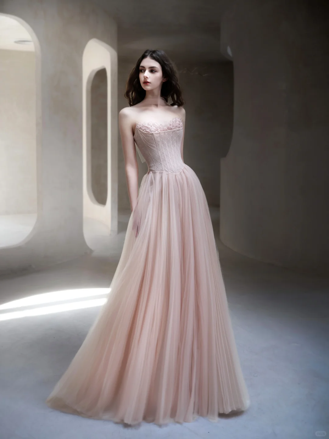 Light Pink A Line Strapless Beaded Tulle Long Date Dress Prom Dress Evening Dress DP3432