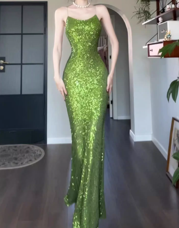 Shiny Green Mermaid Spaghetti Strap Sequin Prom Dress Evening Dress Party Dress DP3582