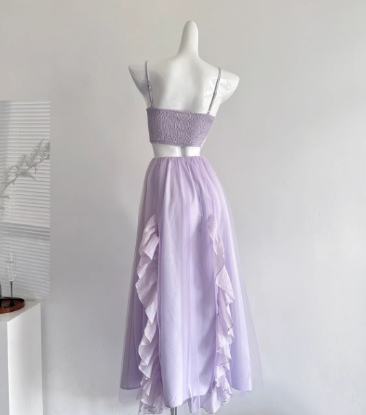 Purple A Line Halter Ruffle Tulle Vacation Dress Homecoming Dress Outfits DP3548