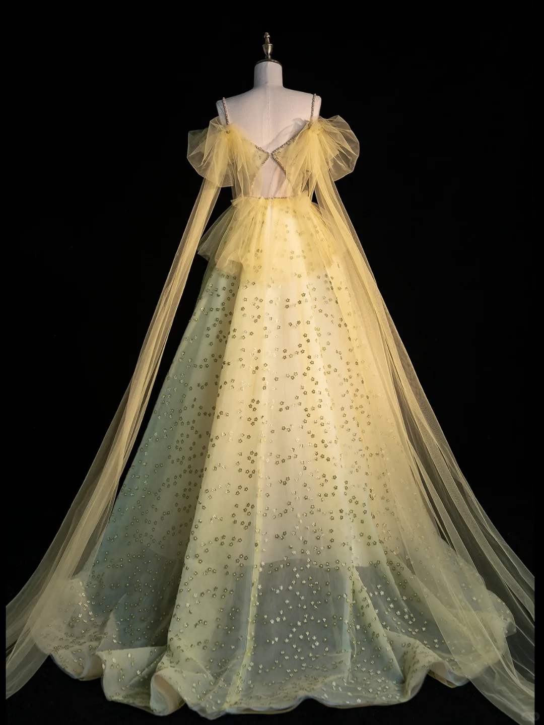 Unique A Line Off the Shoulder Flower Yellow Tulle Evening Dress Party Dress DP2292
