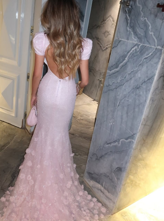 Romantic Pink Flower Beaded Sequin Puff Tulle Long Prom Dress Party Dress Date Dress DP2989