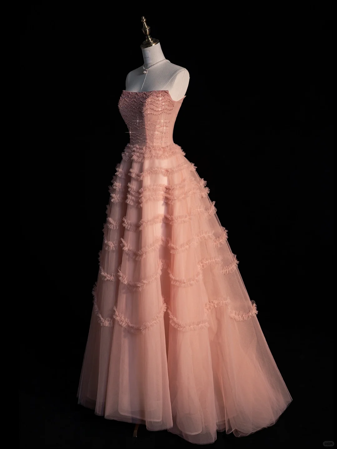 Pink A Line Strapless Beaded Tulle Long Prom Dress Graduation Prom Dress DP2184
