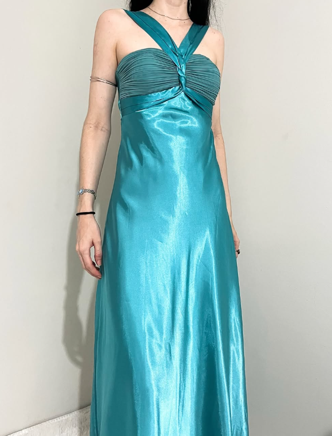 Vintage A Line Halter Blue Satin Long Prom Dress Evening Dress DP2139