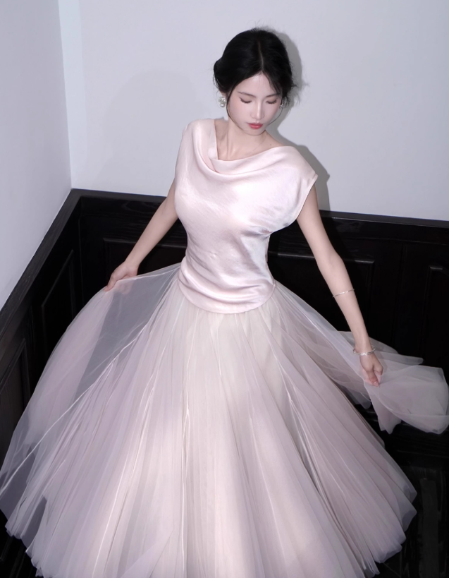 Gentle Light Pink Ball Gown Tulle Satin Prom Dress 16th Birthday Dress DP3569