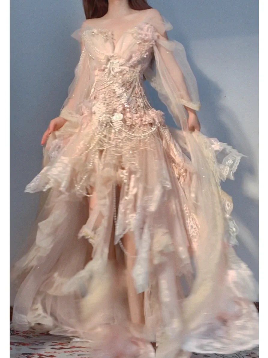 Flowy Exquisite A Line Long Sleeve Floral Beaded Tulle Prom Dress Party Dress DP3762