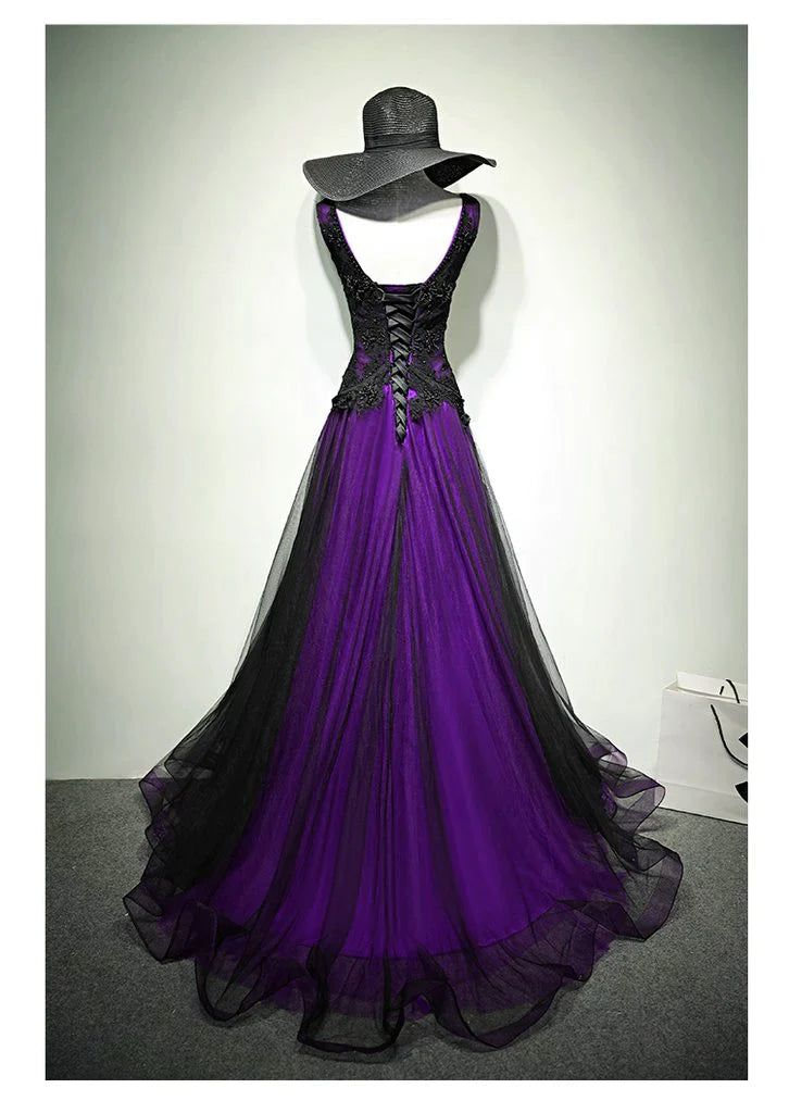 Elegant V-Neck Tulle Long Prom Dress Lace Beaded Evening Dress DP195