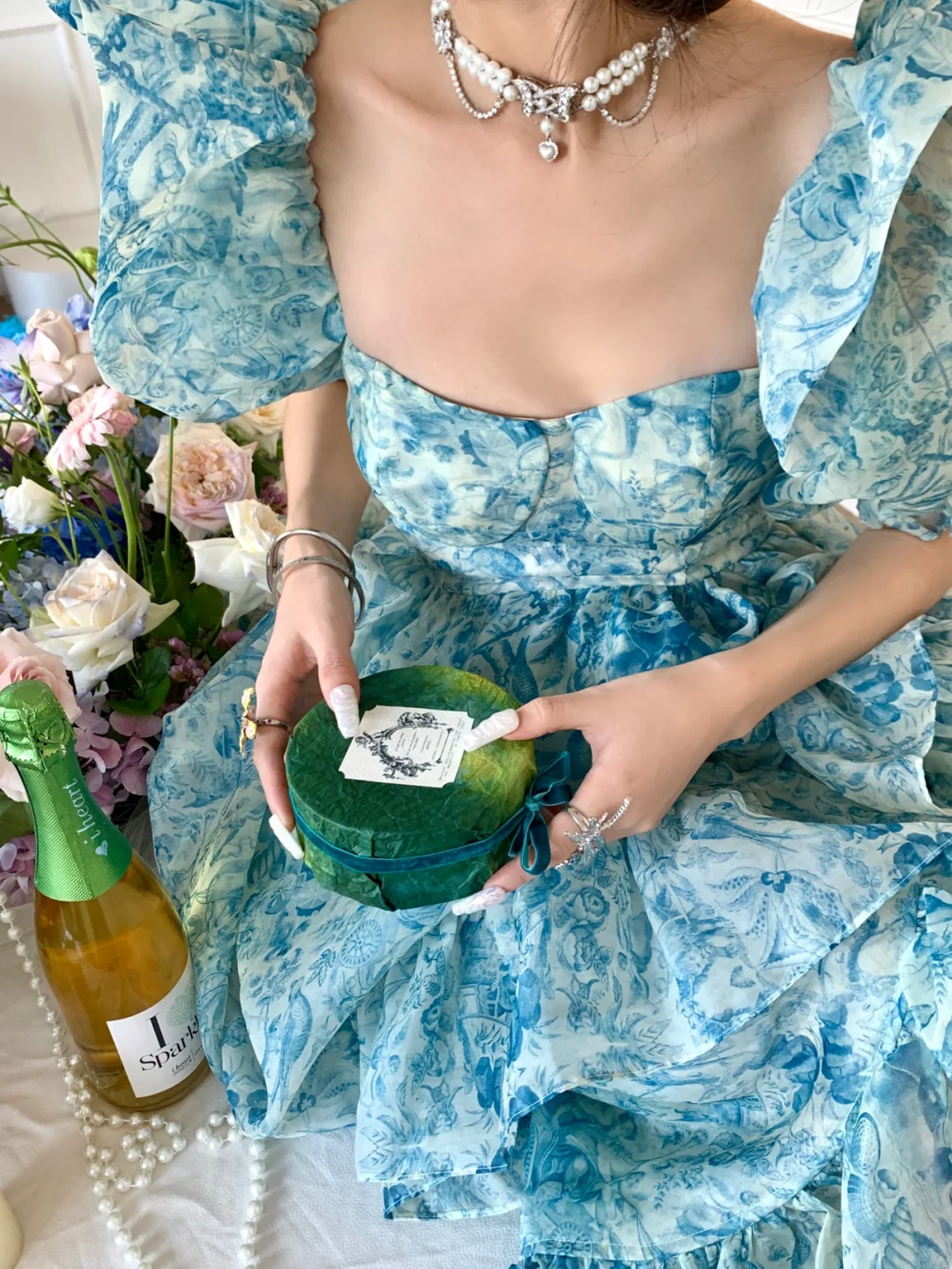 Blue Ball Gown Puff Print Floral Ruffle Chiffon Long Party Dress Birthday Dress with Slit DP2422