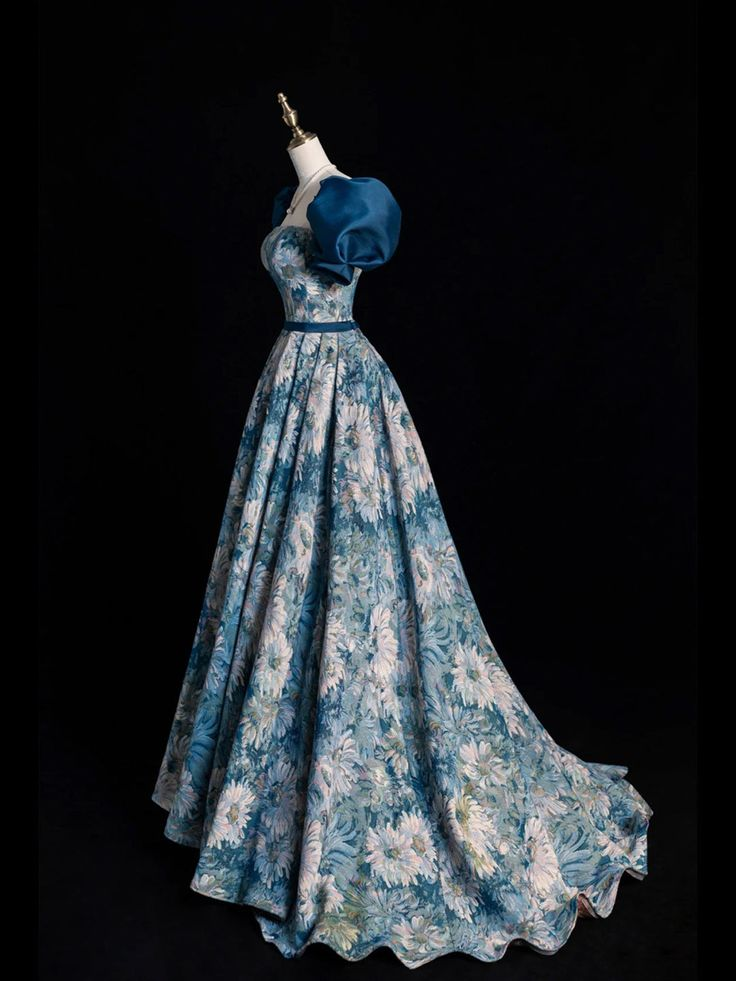 Blue Printed Long Prom Dress A Line Ball Gown Evening Dress DP121